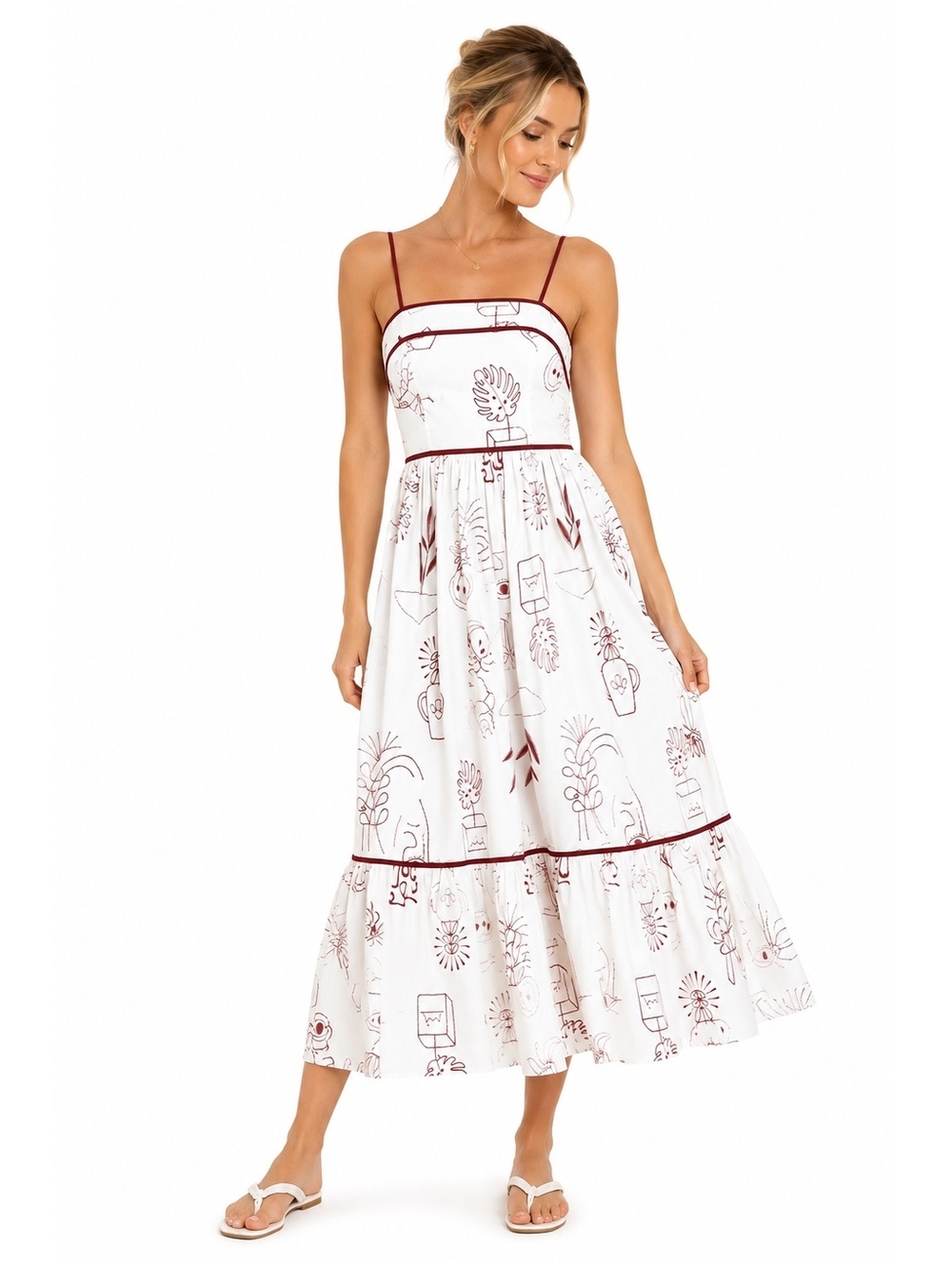 Moon River Moon River White Burgundy Abstract Print Tiered Midi Dress L